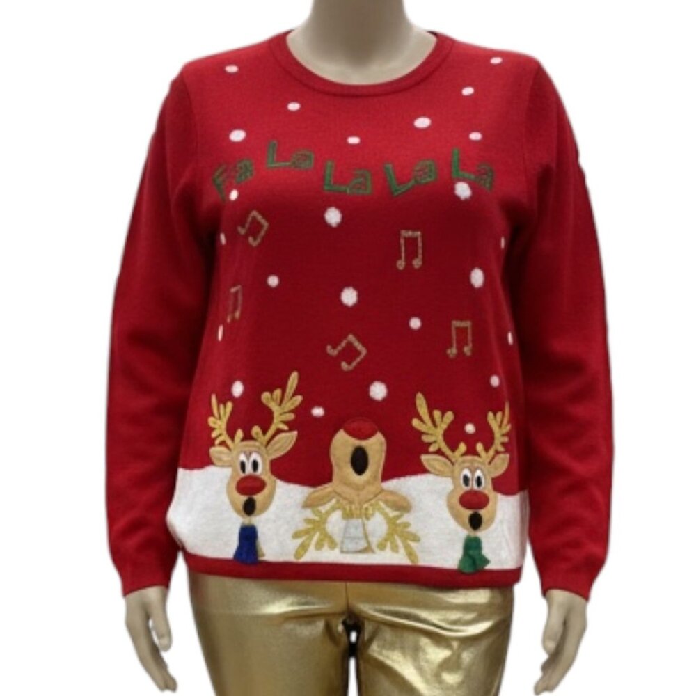 Holiday Time Women's Red Christmas Sweater Reindeer Singing Size XL